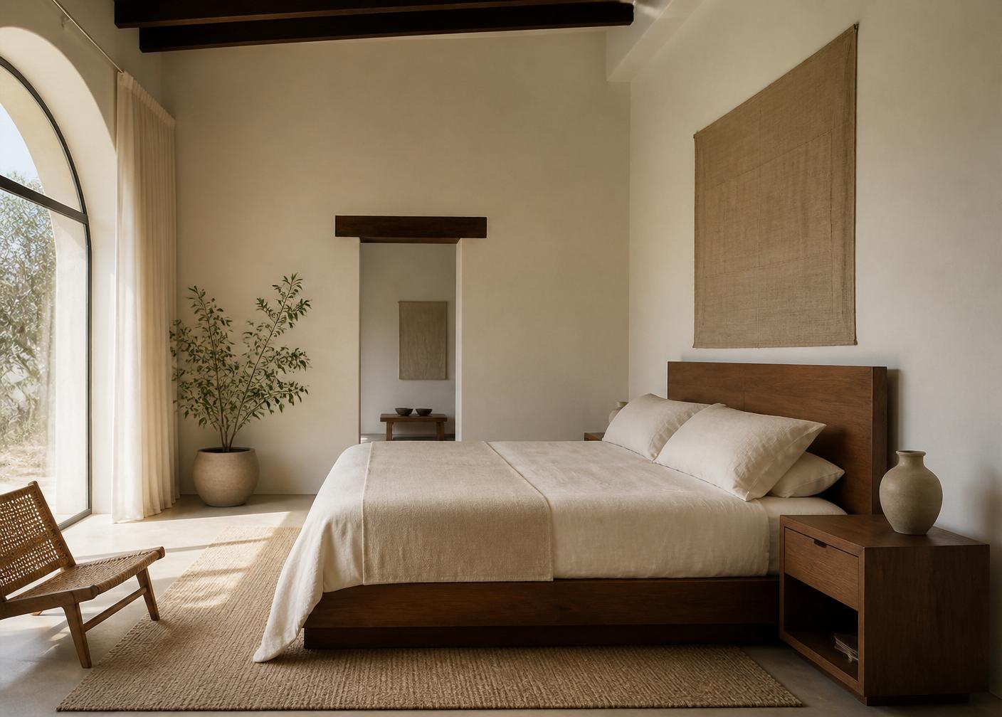Recámara con cama de madera de nogal y lino