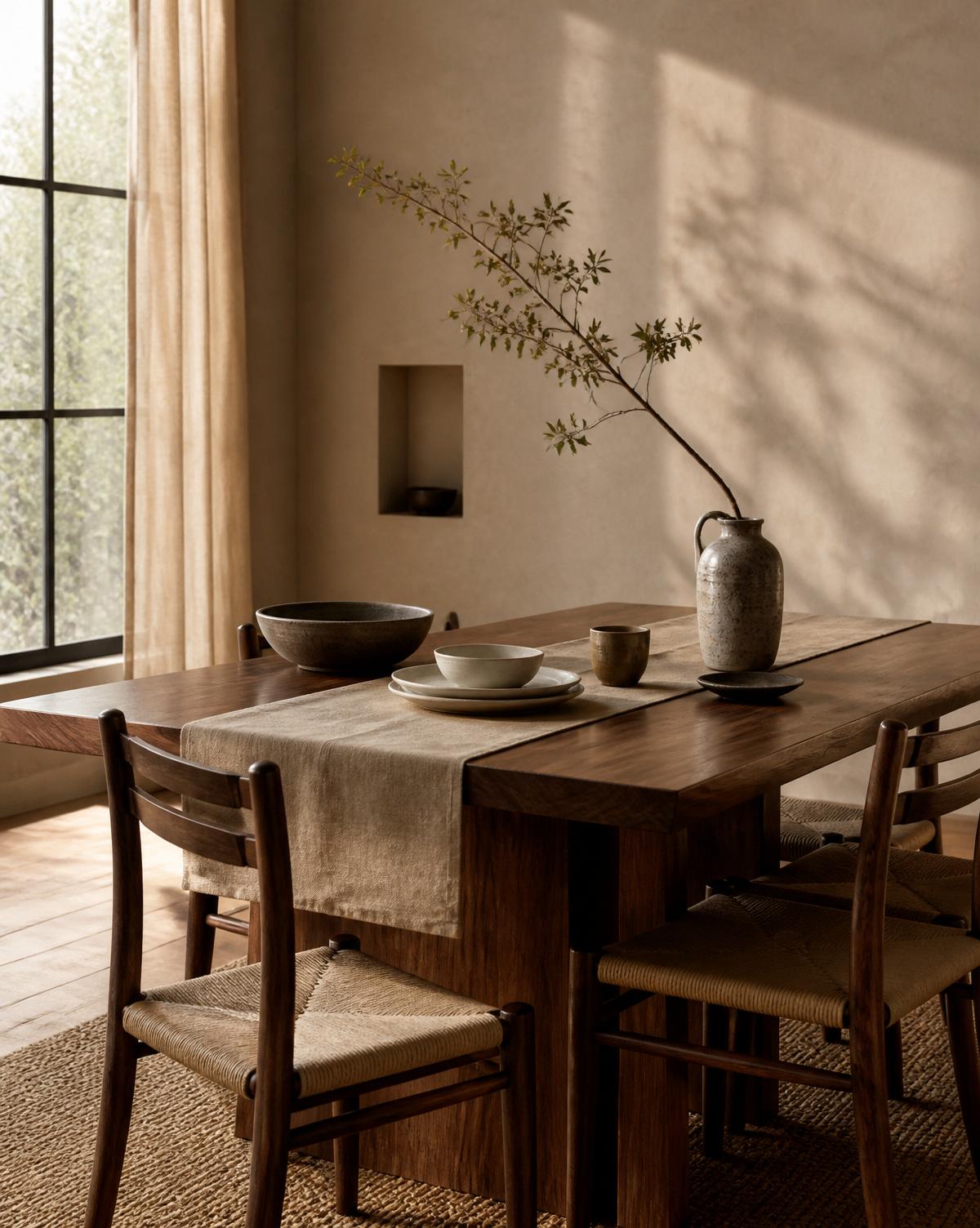 Comedor de madera de nogal con sillas de asiento tejido