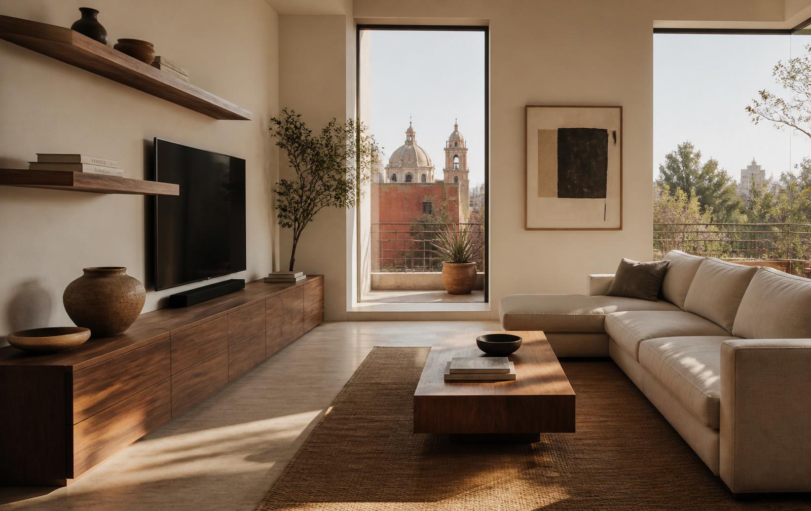 Sala con credenza de nogal y sofá de lino